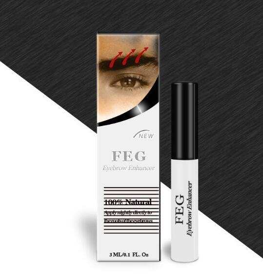 FEG Eyelash Enhancer packaging with product bottle on a black and white background.