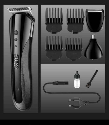 KEMEI all-in-1 rechargeable hair clipper for men with waterproof and wireless design, includes multiple attachments and USB cable.