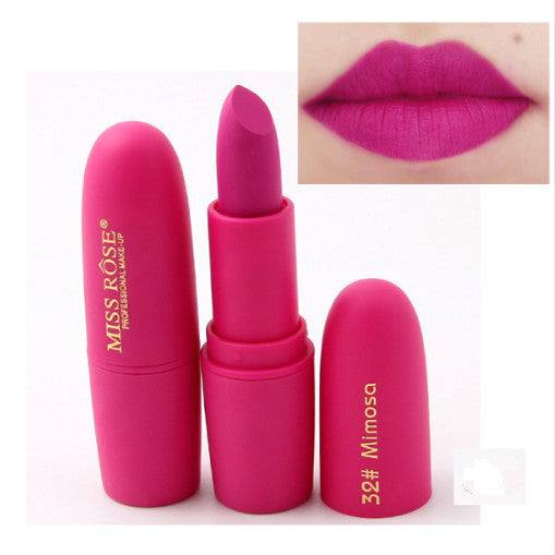 Matte moisturizing lipstick in vibrant pink shade with packaging and lip swatch - Vividbella