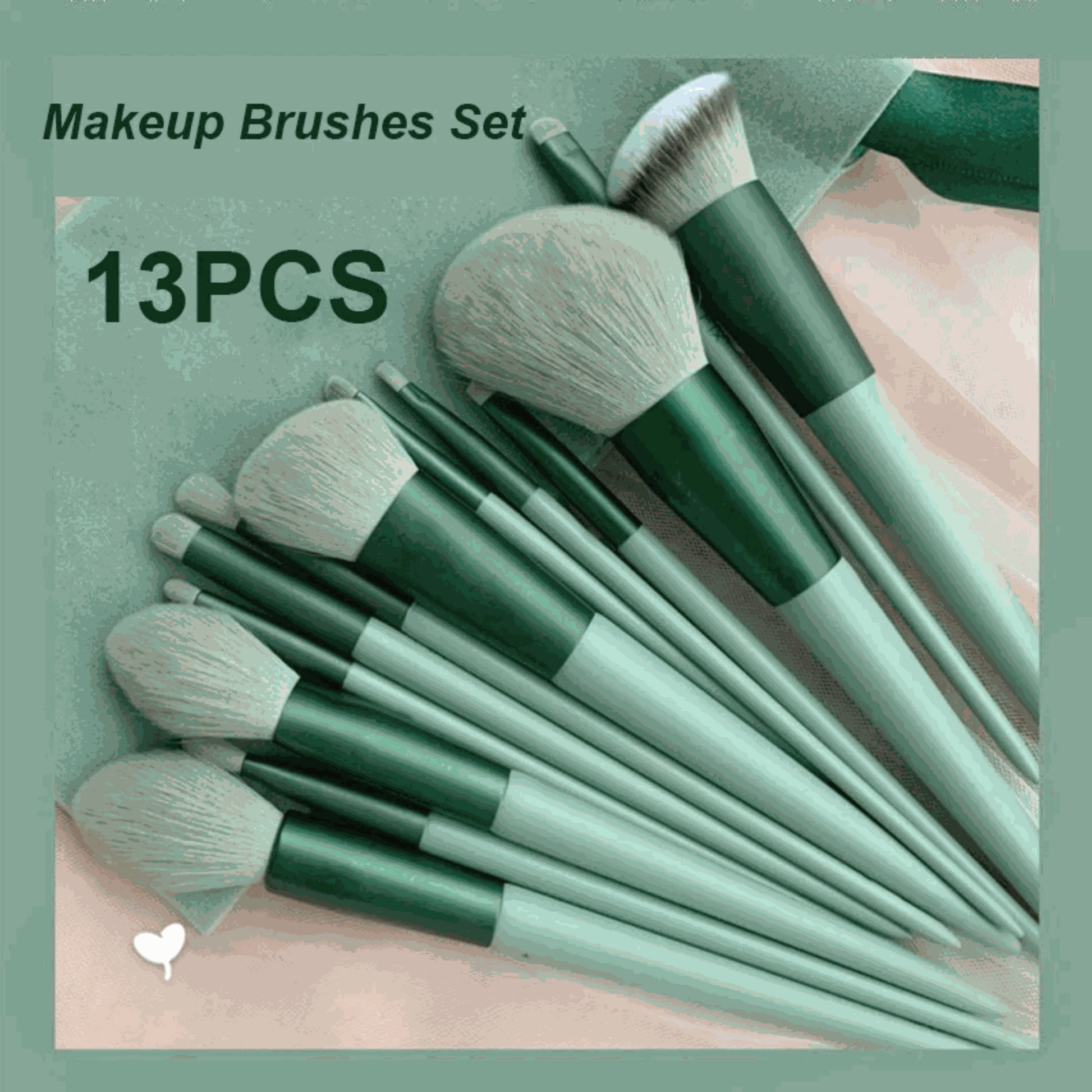 13 PCS green makeup brushes set including eye shadow and foundation brushes displayed on a soft background.