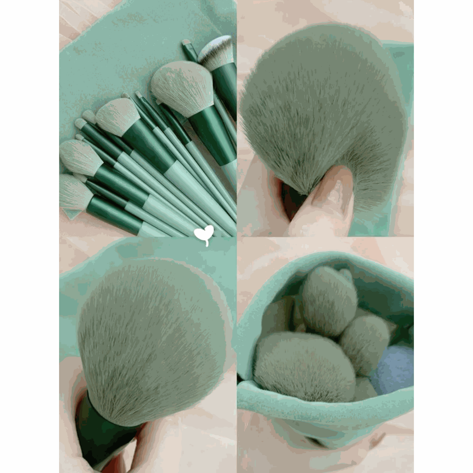 13 PCS green makeup brushes set including eye shadow and foundation brushes displayed on a soft background.