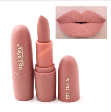 Matte moisturizing lipstick in shade 33 Orchid, shown with open tube and lip swatch - Vividbella