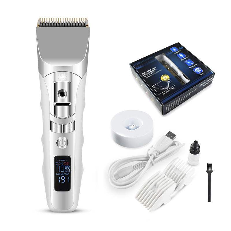 Rechargeable mute LCD electric hair clipper with accessories and packaging.