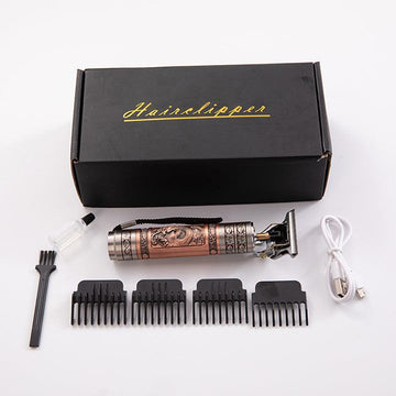 Electric hair clipper set with retro design, featuring a 10W motor, rechargeable battery, unique styling combs, and accessories.