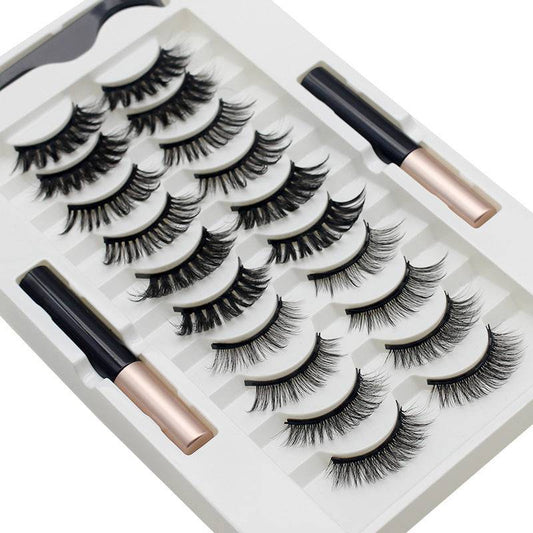 Magnetic eyelash set with liquid eyeliner and tweezers, featuring 10 pairs of reusable lashes.