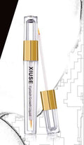 Eyelash growth liquid with golden applicator brush, transparent design.