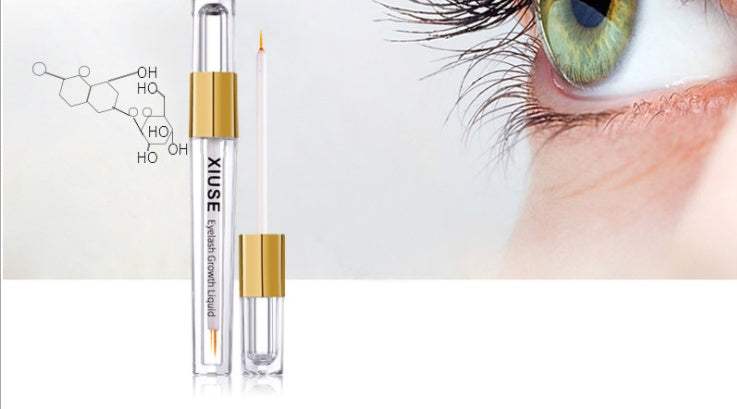 Transparent eyelash growth liquid with applicator next to an eye.