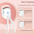 Portable electric heated eyelash curler with fast charging and long-lasting battery, featuring low and high temperature settings for various lash types.