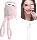 Portable electric heated eyelash curler with USB cable, ergonomic design, pink color, quick heating, long-lasting curls.