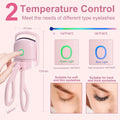 Portable electric heated eyelash curler with dual temperature settings for different eyelash types.