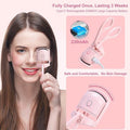 Portable electric heated eyelash curler with 230mAh rechargeable battery, safe silicone pad, compact design, two temperature settings, and ergonomic handle for long-lasting curls.