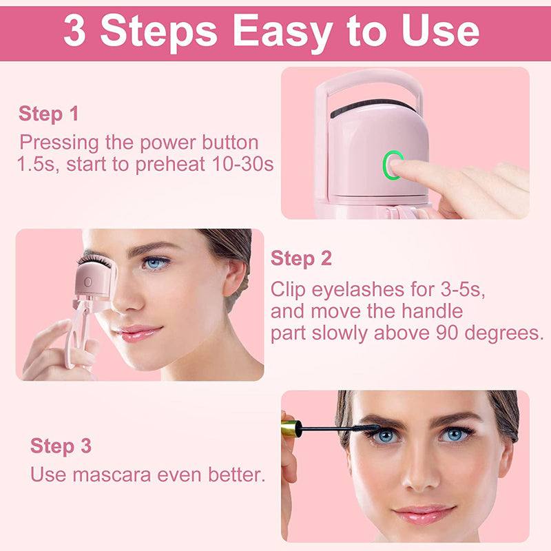 Portable electric heated eyelash curler with easy 3-step use instructions.