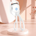 Portable electric heated eyelash curler, ergonomic design, compact size, rechargeable, dual temperature settings.