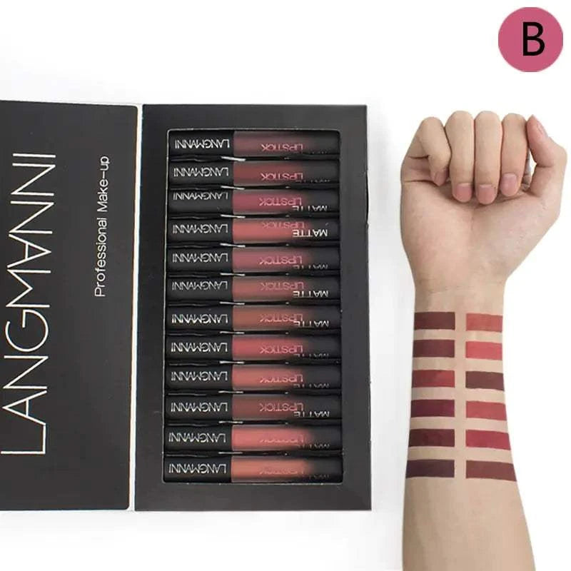 12 Piece Makeup Set with lipstick shades displayed on an arm, showcasing vibrant colors and high-quality application.