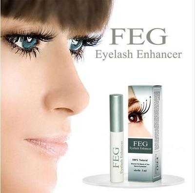 FEG Eyelash Enhancer with packaging and profile of woman's face with long eyelashes.