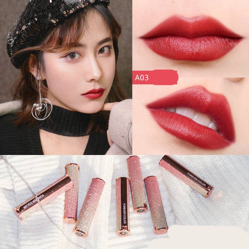 Starry lipstick in shade A03 red persimmon featuring a model with glossy lips and sparkling packaging - Vividbella