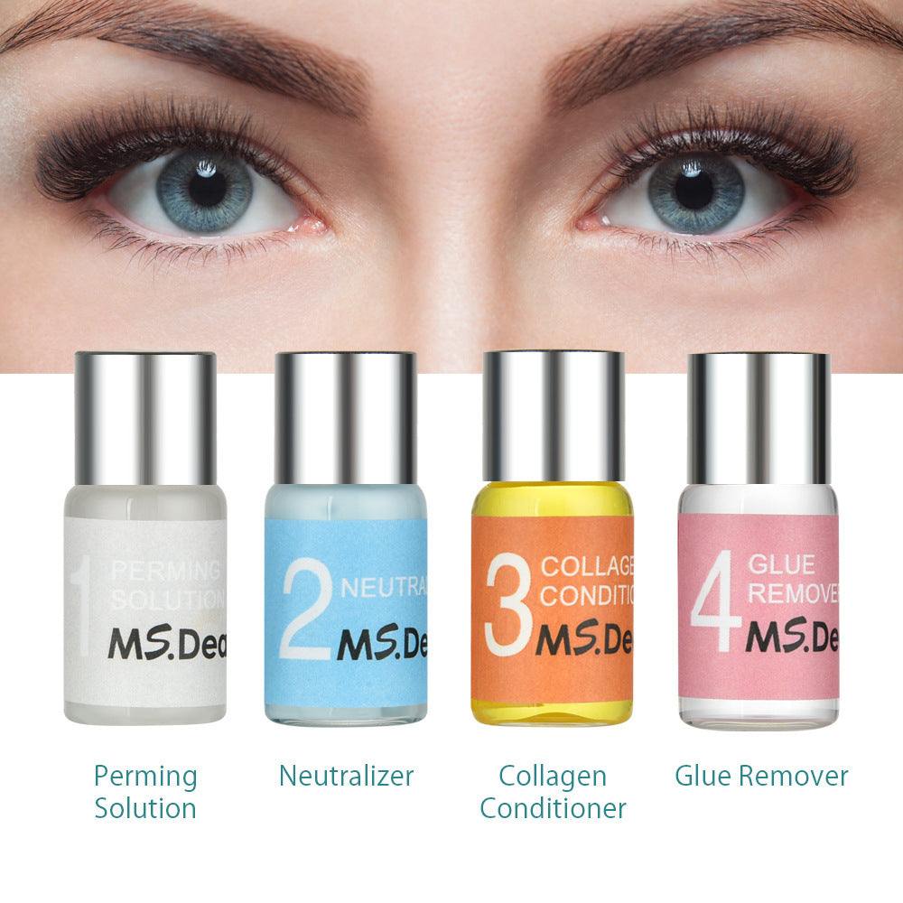 Eyelash lifting set with perming solution, neutralizer, collagen conditioner, and glue remover for long-lasting curl.