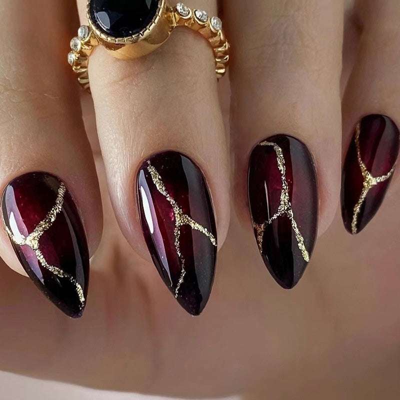 Fake Nails Gold Powder Stone Pattern Dark Red Wear - vividbella