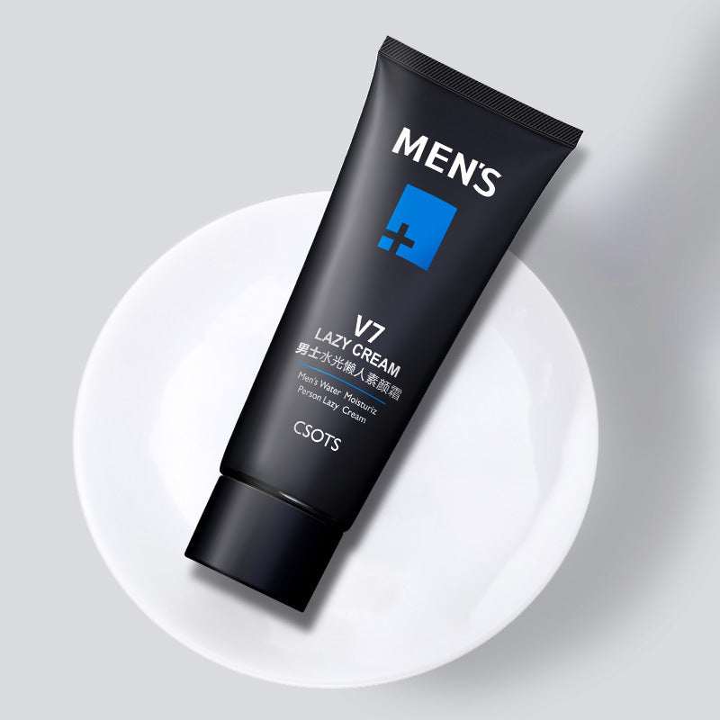 Men's water light lazy face cream tube on white plate.