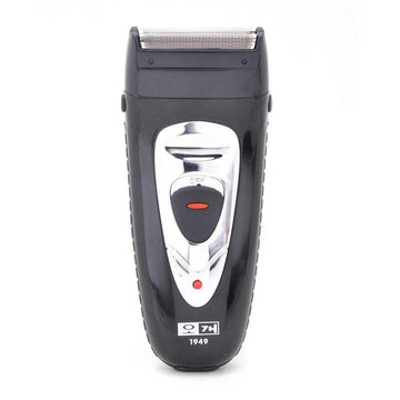 Black rechargeable electric shaver with dual heads and sleek design.