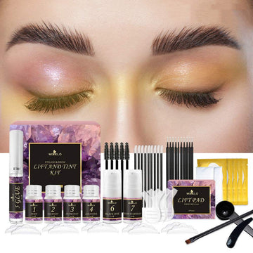 Eyelash and eyebrow dyeing kit with lotions, brushes, and tools for simple cold ironing.