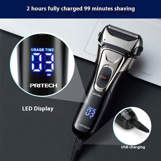 Electric shaver with LED display, USB charging, 99-minute shaving time, professional multifunctional design.