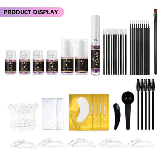 Eyelash and brow dyeing kit with lotions, pads, swabs, and brushes for safe application.