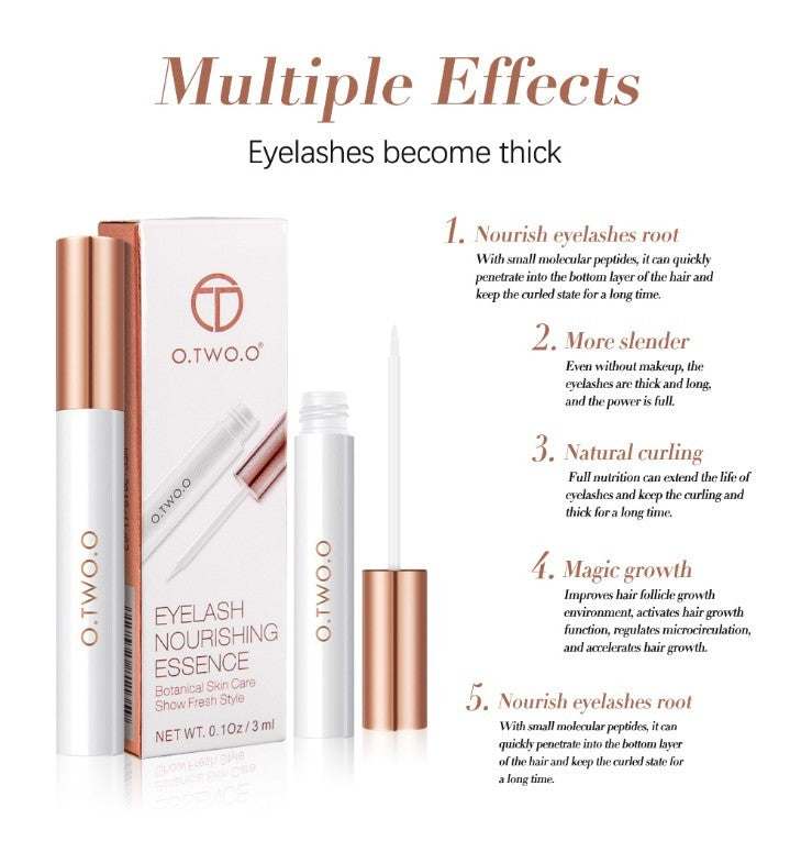 Eyelash nourishing essence with multiple benefits for thicker, longer, and fuller lashes.