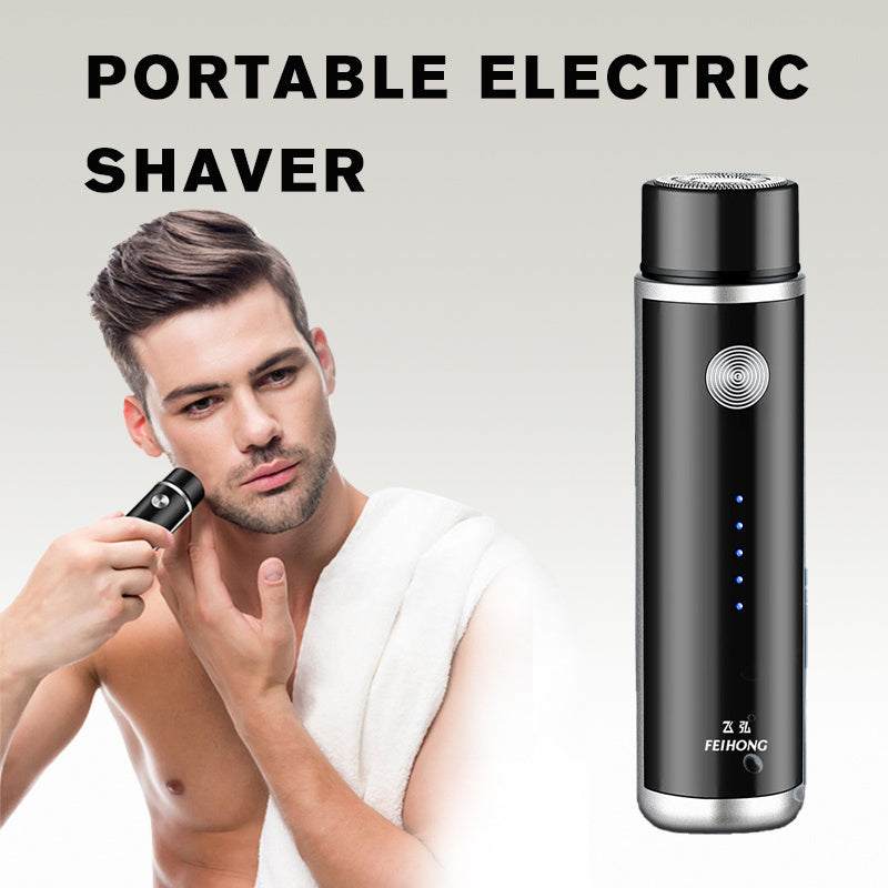 Mini electric shaver with double-blade trimmer, portable and rechargeable for car use, black design.