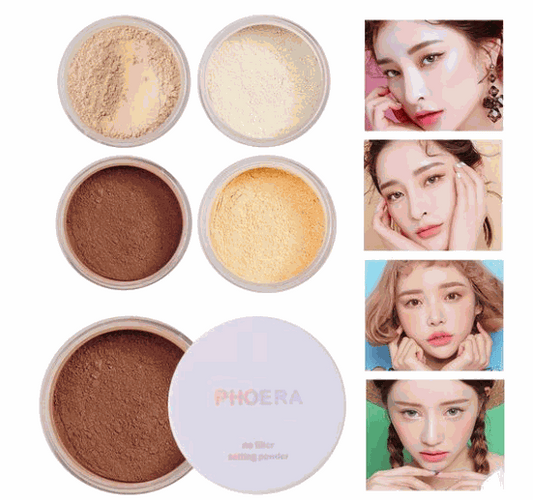 Loose face powder in various shades with model examples of makeup finish.