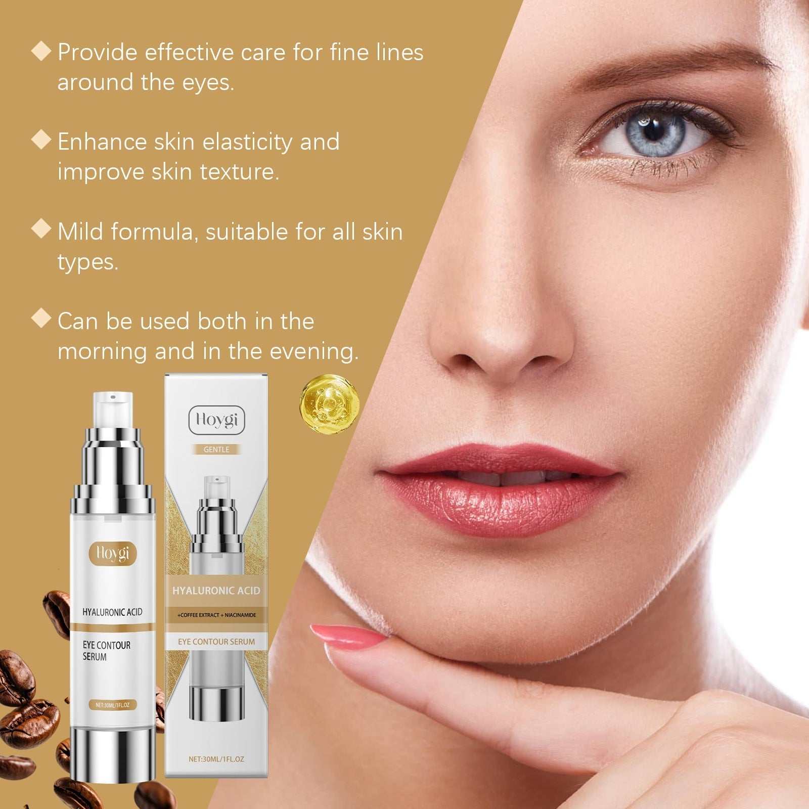 Eye contour serum with hyaluronic acid and coffee extract for fine lines.