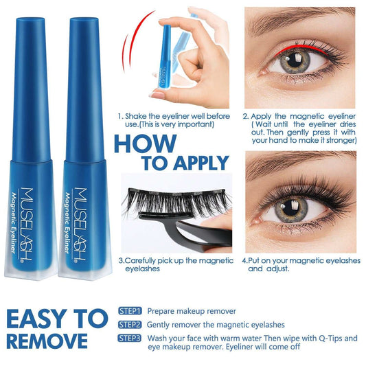 Magnetic false eyelash set with eyeliner and tweezers, showing application steps.