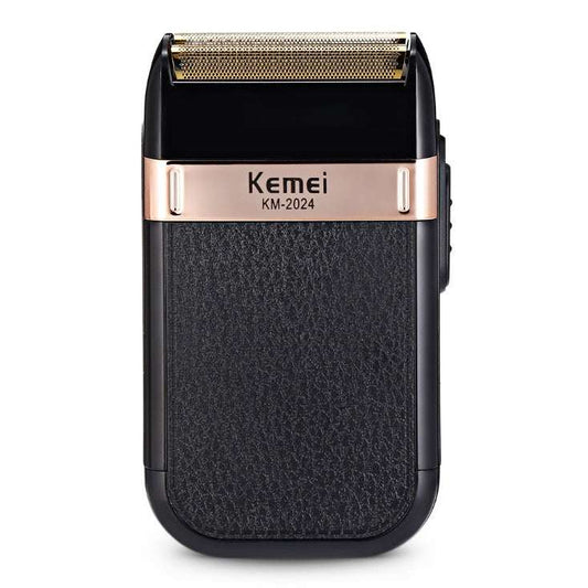 Rechargeable double mesh razor, USB, washable, black with gold and silver accents, model KM-1102.