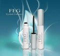 FEG Eyelash Enhancer bottle and applicator against a blue background.