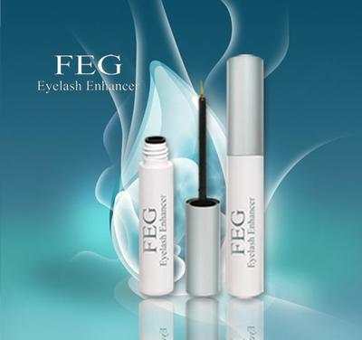 FEG Eyelash Enhancer bottle and applicator against a blue background.