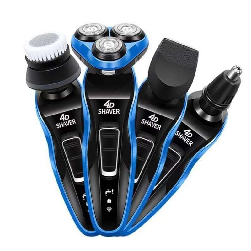 Multifunctional dry wet 4 in 1 male electric shaver with 3D floating heads and washable body design.