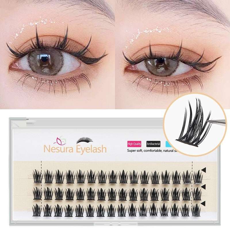 Self-grafting eyelash extensions made of artificial fiber in varying lengths (8-12mm), playful and cute design, with packaging.