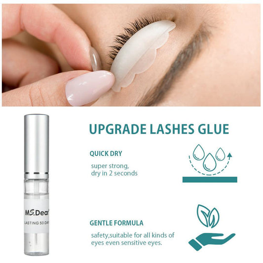 Eyelash lifting set with glue and applicator shown, promoting quick dry and gentle formula.