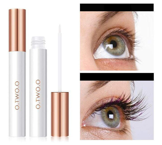 Eyelash nourishing liquid with applicator and visible eyelash growth results.