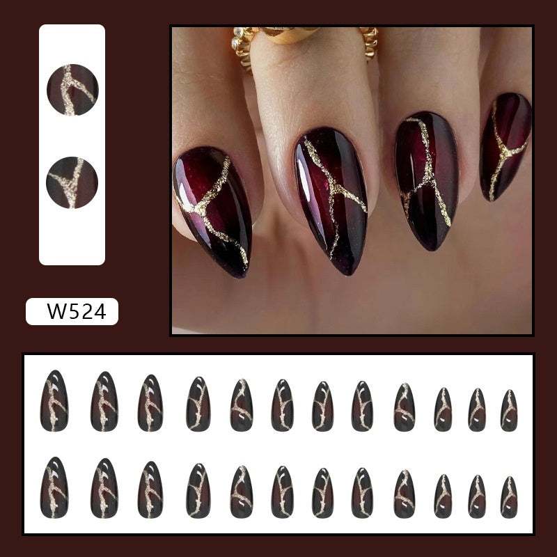 Fake Nails Gold Powder Stone Pattern Dark Red Wear - vividbella