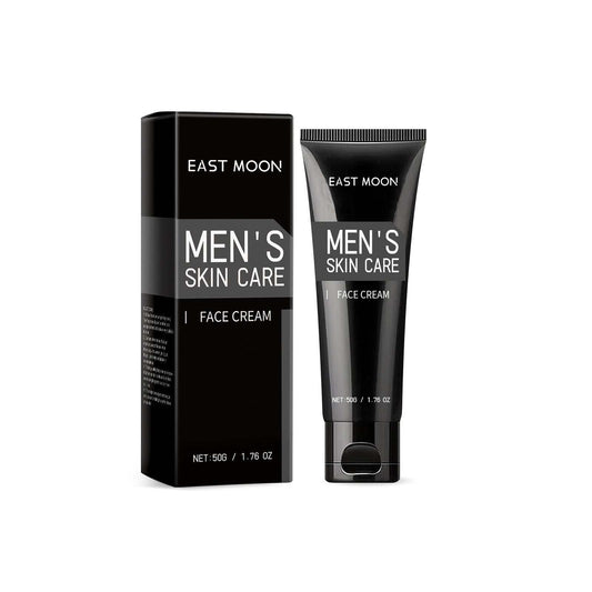 Men's face cream in sleek black packaging, 50g tube and box.