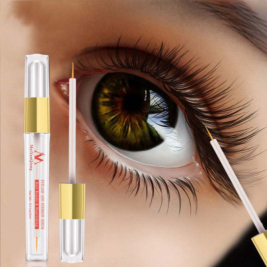 Color Makeup Beauty Qiong Mascara tube and applicator near eye showing lashes.