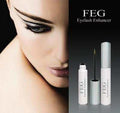 FEG Eyelash Enhancer bottle and applicator with a woman's eye in background.