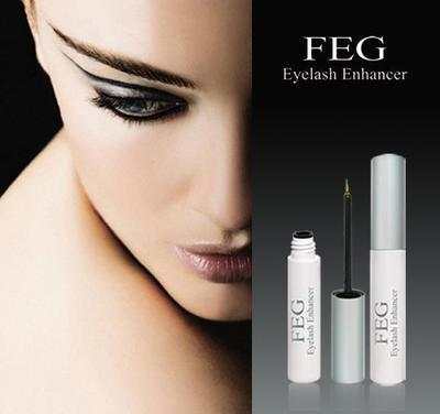 FEG Eyelash Enhancer bottle and applicator with a woman's eye in background.