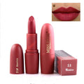 Matte moisturizing lipstick in red shade with box and lip swatch - Vividbella