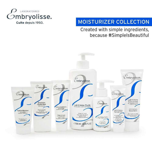 Embryolisse Lait-Crème Concentré moisturizer with shea butter and aloe vera, suitable for all skin types, 1.01 fl oz packaging.