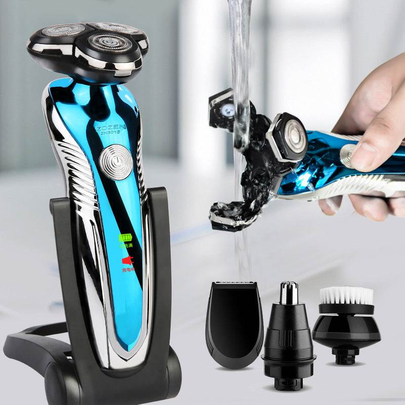 Washable electric shaver with rotating 3-head design and additional grooming attachments.