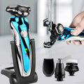 Washable electric shaver with rotating 3-head design and additional grooming attachments.