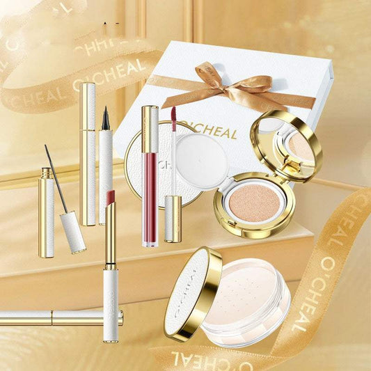 Cosmetics Makeup Lipstick Gift Box with six-piece ivory set, including peach blossom ingredients, displayed with elegant packaging.