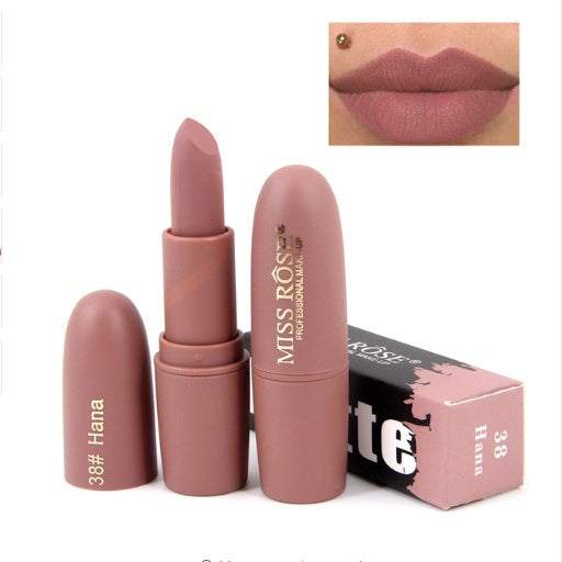 Matte moisturizing lipstick in shade 38 Hana with packaging and swatch - Vividbella